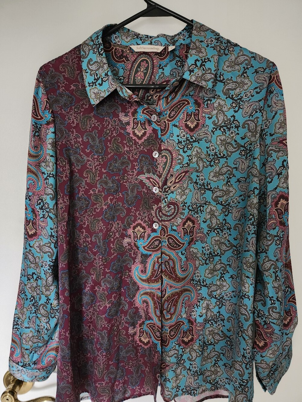 Soft Surroundings Women's Paisley Button-Down Shirt - Teal & Burgundy 100% Silk